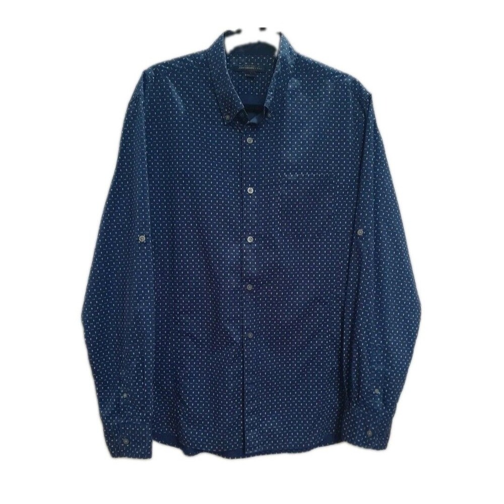 John Varvatos Shirt Mens L Blue Skull Crossbones Print Long Sleeve Button Down